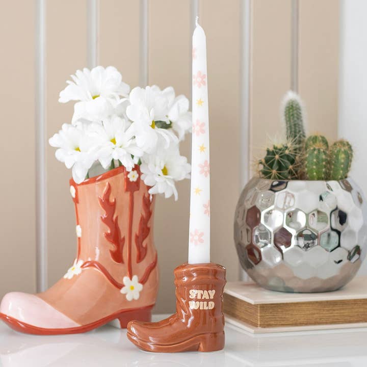 Brown Cowboy Boot Candle Holder with Taper Candle for wholesale by Something Different Wholesale