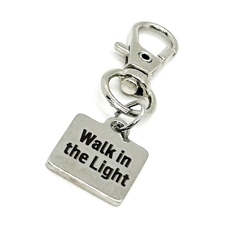 Walk In The Light Stainless Steel Clip On Charm Inspirational Engraved Accessory Faith Gift Bag Charm Purse Charm Positive Reminder for wholesale by JKCE Designs