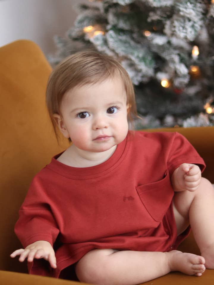 T-Shirt Romper for Babies in Brick for wholesale by Winnie + Crew