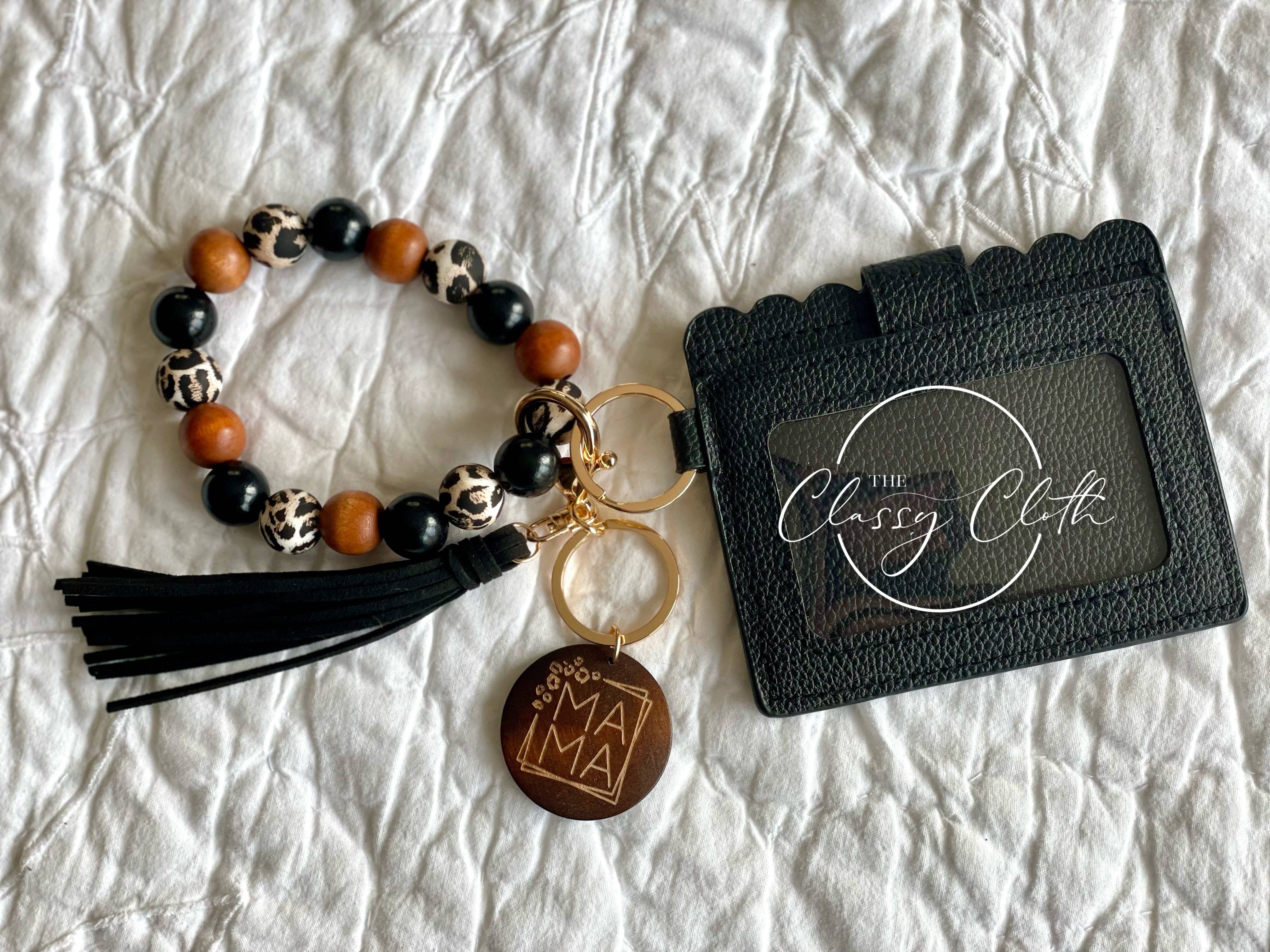 The Classy Cloth WS - Vente Bracelets - Portefeuille porte-clés MAMA Wristlet - Léopard avec pompon noir RTS3