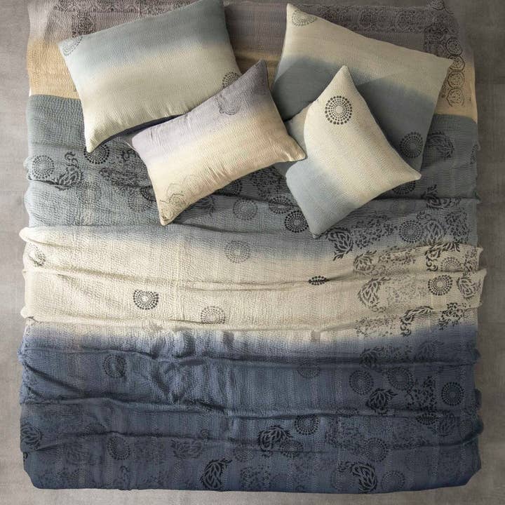 Vintage Fray Patch Ombre Kantha Quilt -Yellow Stone for wholesale by Maison Mieko