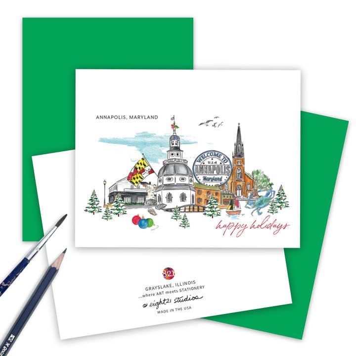 Annapolis Christmas City Skyline Folded Greeting Card for wholesale by Eight21 Studios + Unique Greeting Cards, Art and Stationery