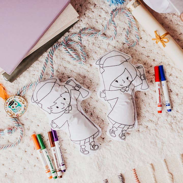 Reusable Coloring Pillow – Graduate Girl & Boy Design for wholesale by Tiny Owls Gift Co.