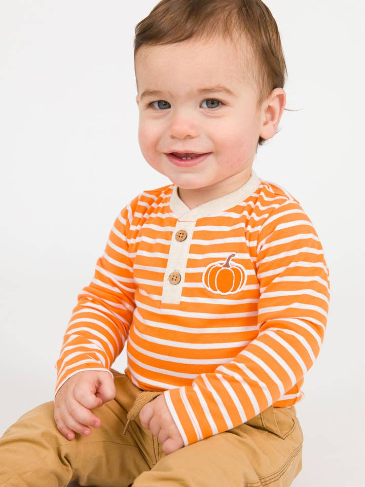 Baby Boys Pumpkin Orange Stripe Knit Long Sleeve Embroidered Henley Bodysuit
for wholesale by RuffleButts + RuggedButts