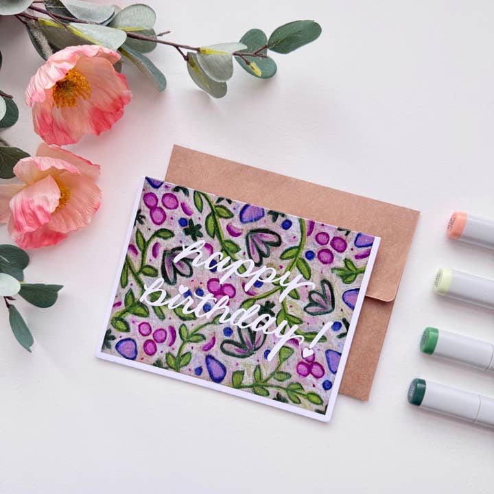 Happy Birthday Leaves + Berries | Hand Illustrated Greeting Card for wholesale by D. Prince Designs