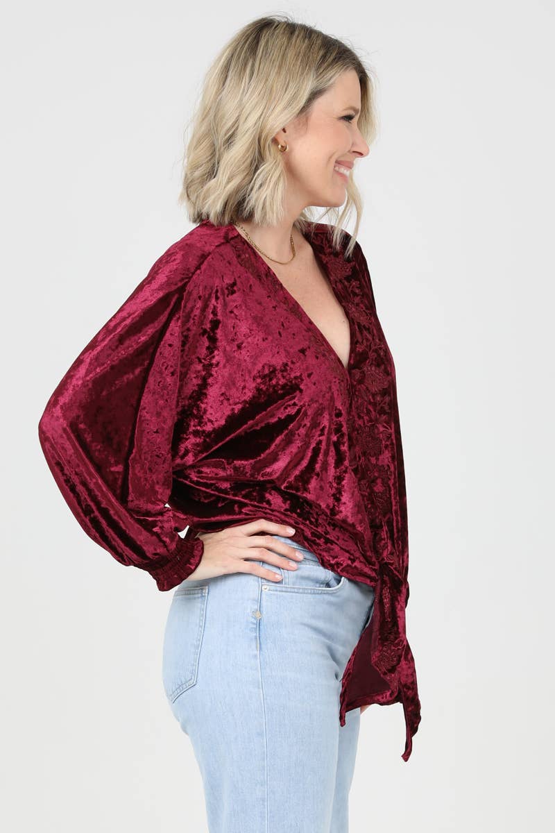 Nostalgia - Wholesale Blouse - Women's - E2V75-ASIS CRUSHED VELVET V NECK EMBROIDERED TIE WAIST TOP10