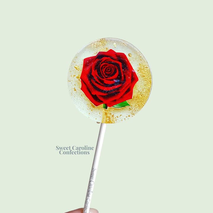 Sweet Caroline Confections - Wholesale Lollipop - Red Rose Lollipops, Strawberry, 10/Case - VEGAN