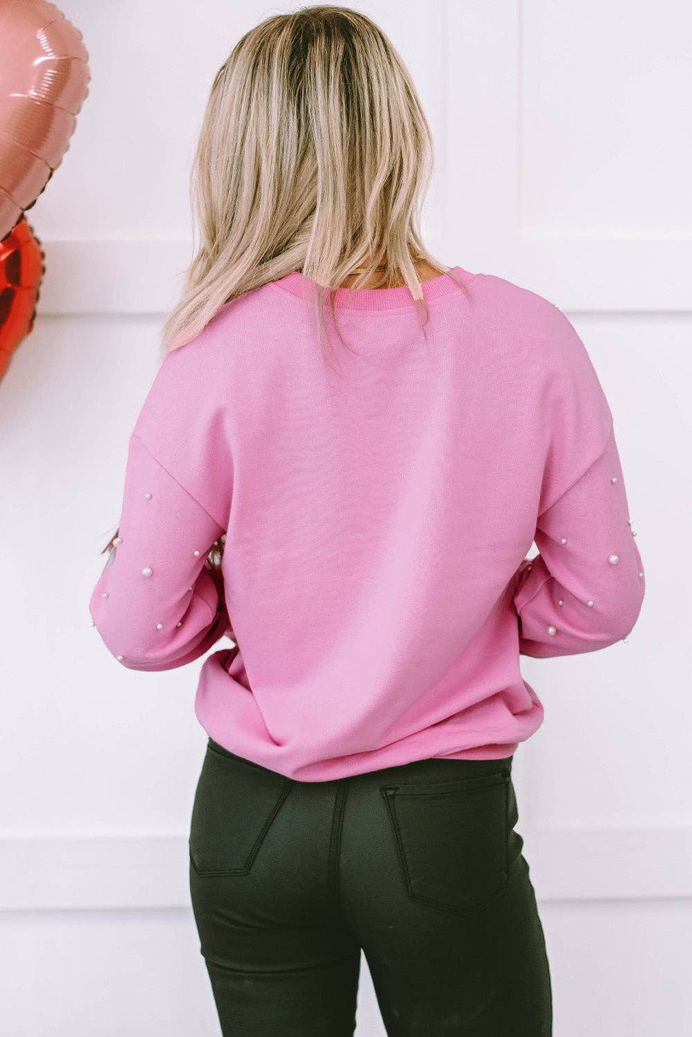 Pink Lilah Pearl Detail Ribbed Crew Neck Sweatshirt for wholesale on Faire1
