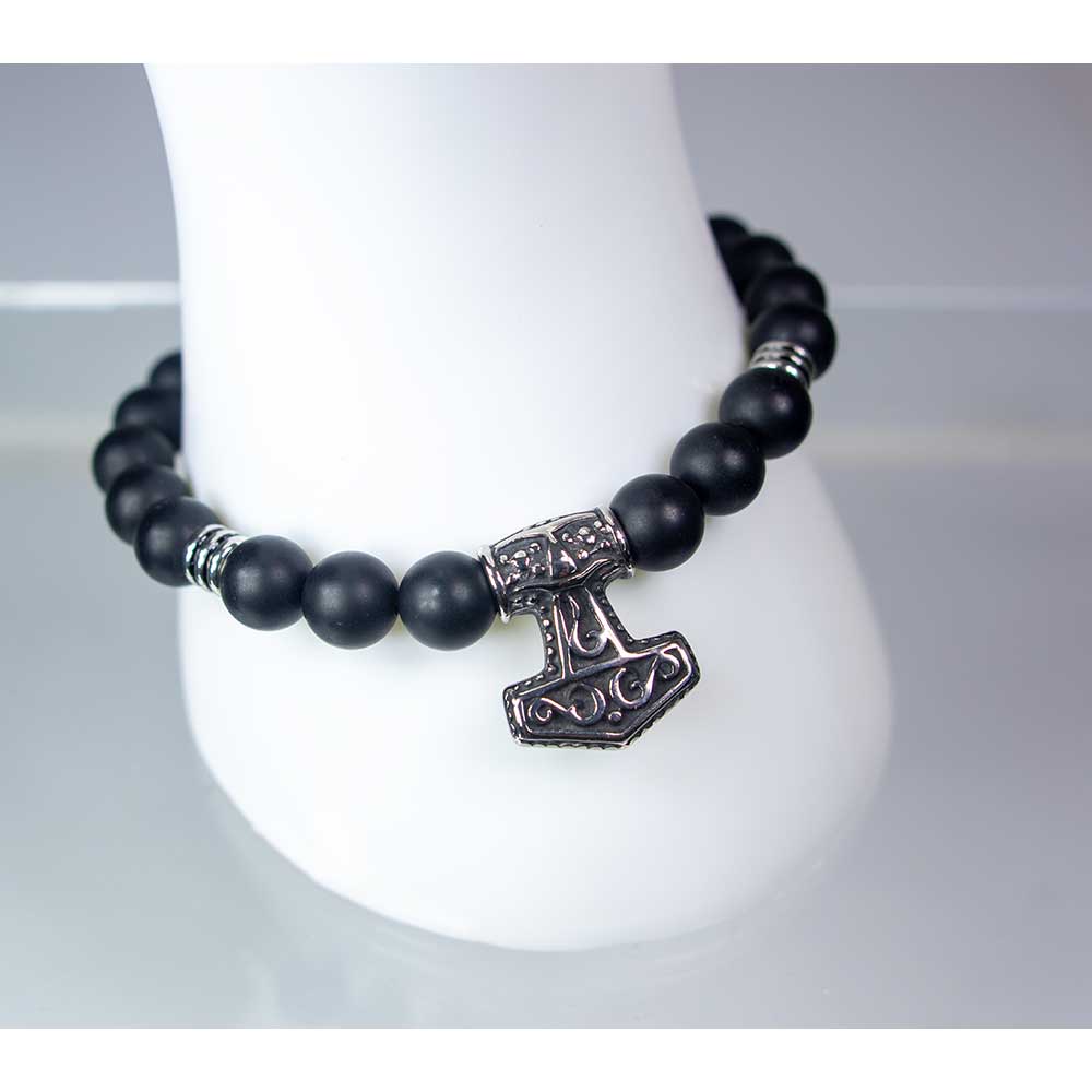Kheops International - Wholesale Beaded Bracelet - Elastic Bracelet 10mm Bead Matte Black Agate w/Viking Hammer1
