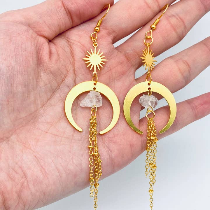 Bohemian Crescent Natural Stone Chain Tassel Earrings - MS for wholesale by Mio Queena