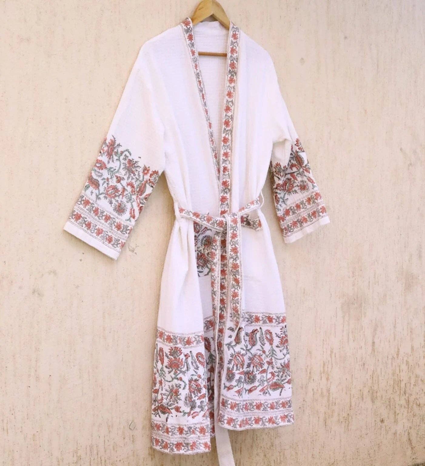 Draped In Heritage - Wholesale Robe - Women's - Red Grey Florals Hand Block Printed Cotton Waffle Bathrobe4
