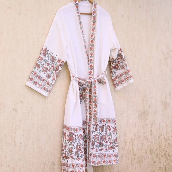 Draped In Heritage - Wholesale Robe - Women's - Red Grey Florals Hand Block Printed Cotton Waffle Bathrobe4
