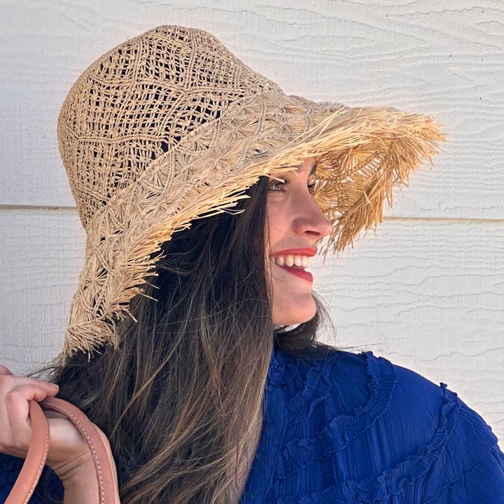 Shebobo – wholesale Straw hat – women's – Karin 7" Brim Macrame Straw Sun Hats with Raw Fringe Edge6