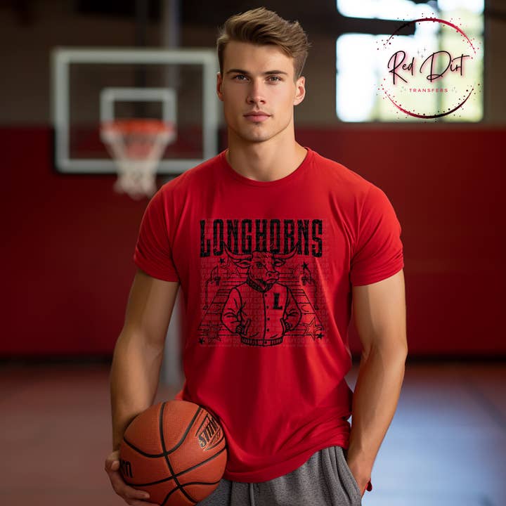 Longhorns Basketball Letterman T-Shirt | Trendy School Spirit Shirt | Fast Shipping | Super Soft Shirts for Men/Women/Kid's for wholesale by Red Dirt Transfers