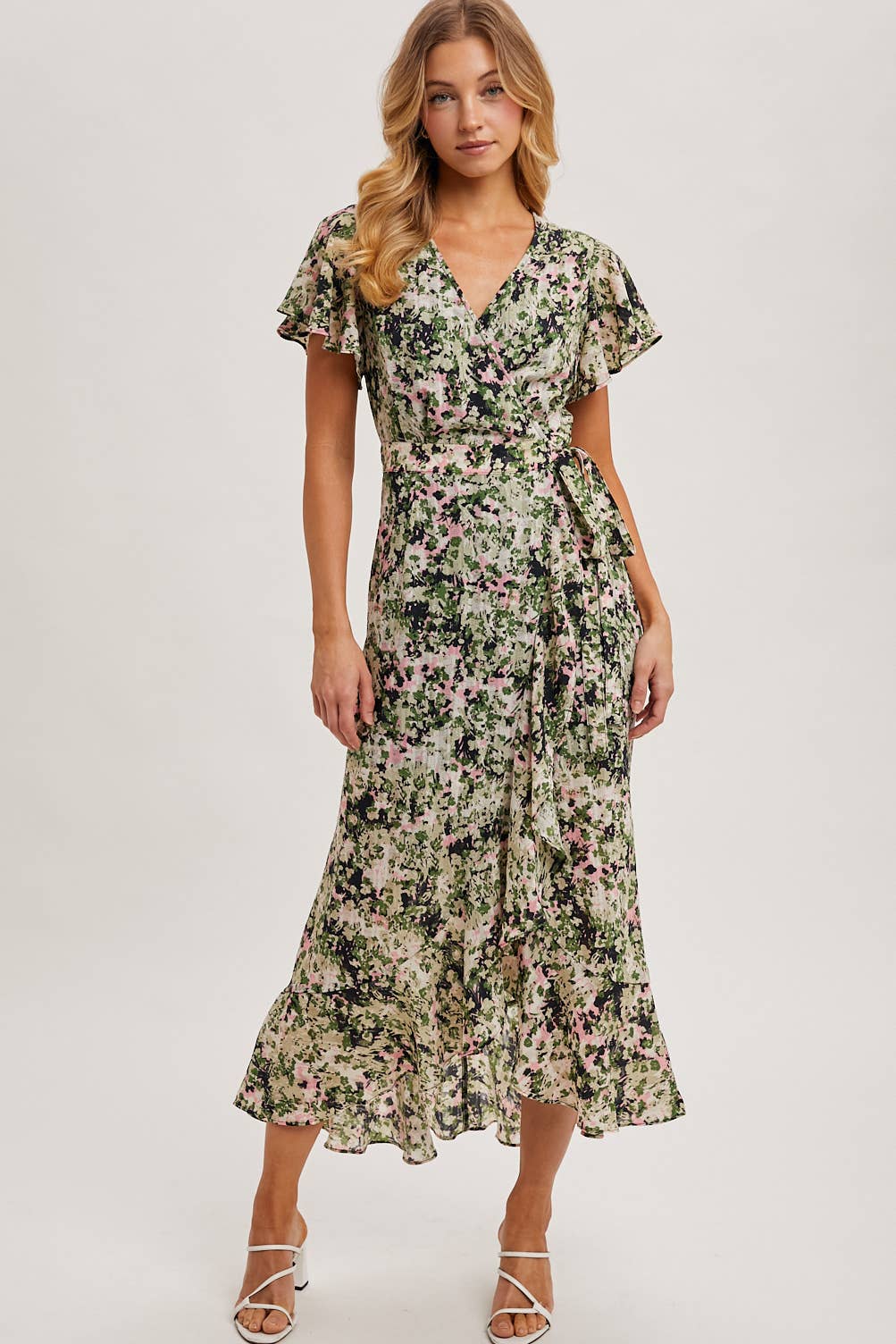 Bluivy - Wholesale Dress - Women's - FLORAL PRINT WRAP RUFFLED MIDI DRESS - EASTER DAY