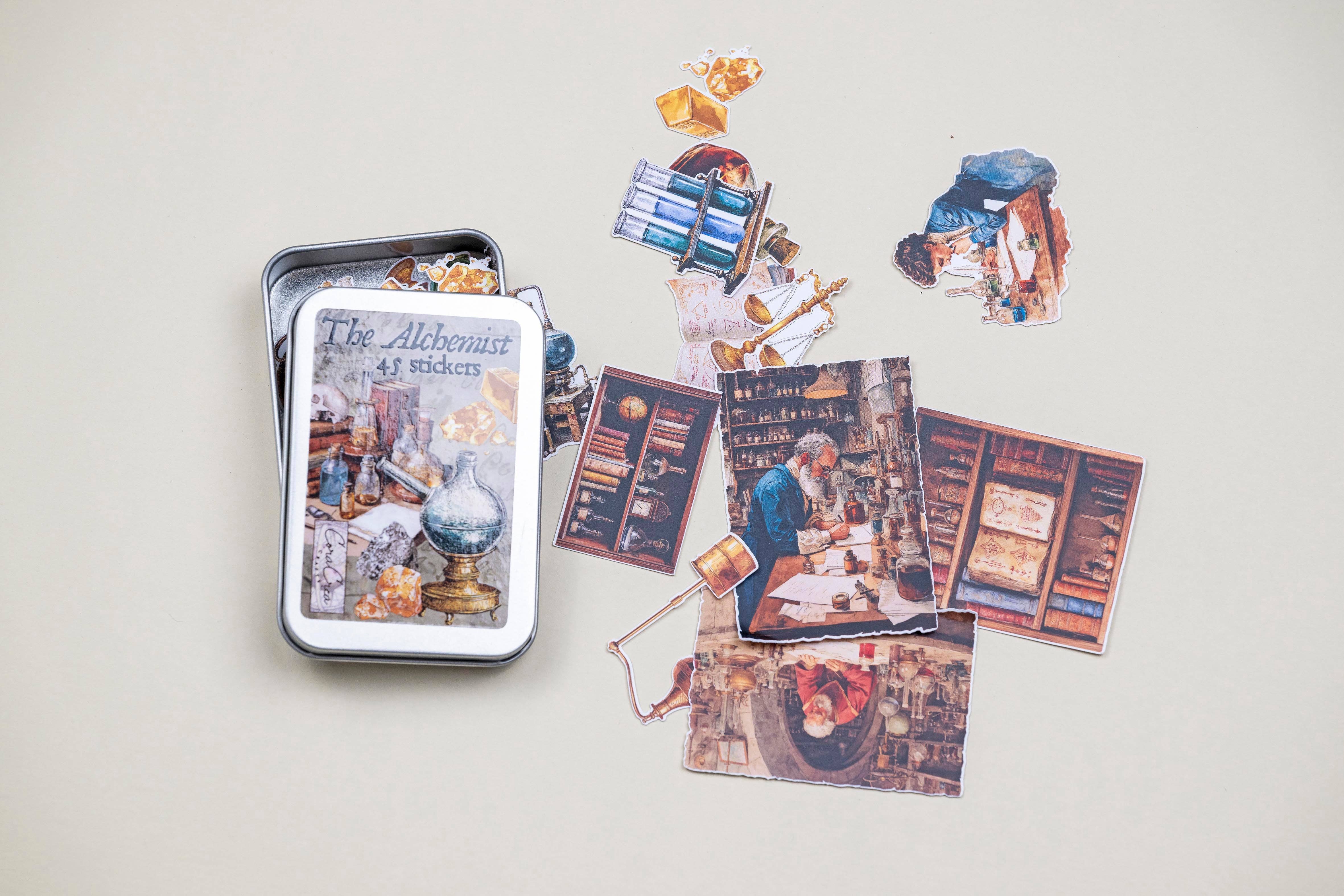 CoraCreaCrafts - Vente Autocollant - Boîte en métal avec autocollants d'alchimiste0