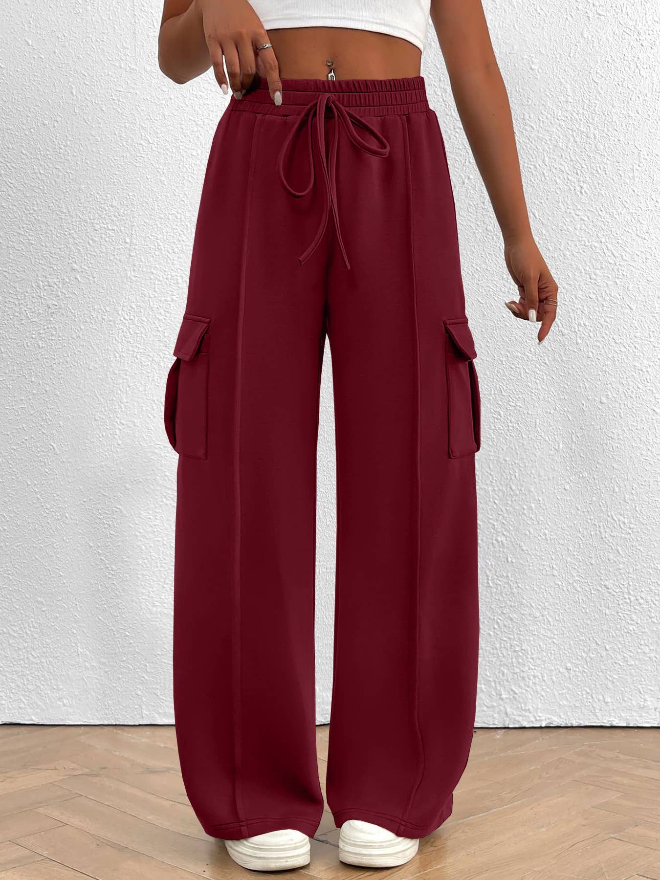 Rosa Clothing - Wholesale Pants - Women's - Casual Loose Fit Cargo Pants Drawstring Waist Wide Leg Pants8