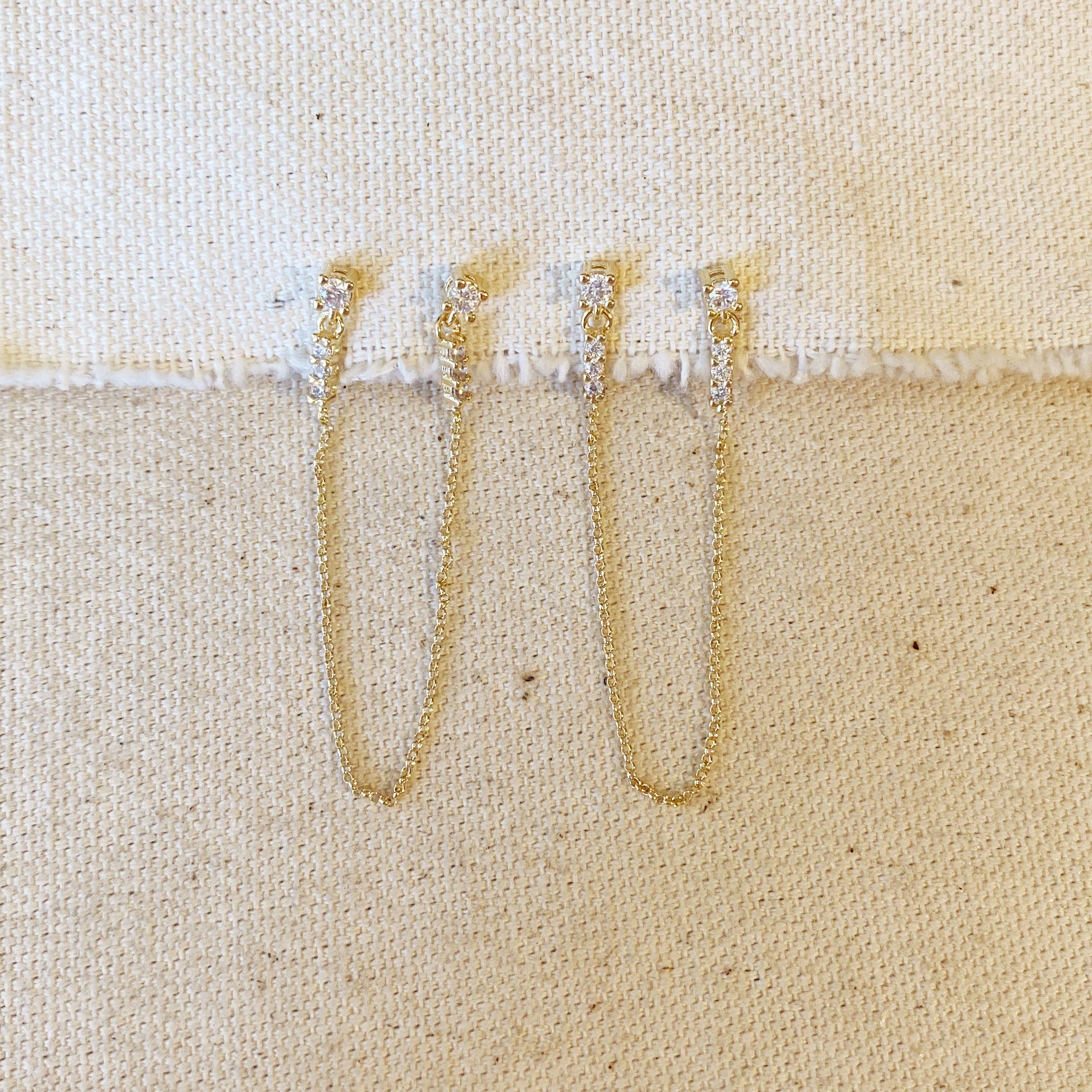 GoldFi - Wholesale Dangle Earrings - CZ Double Piercing Earrings Connected by Chain4