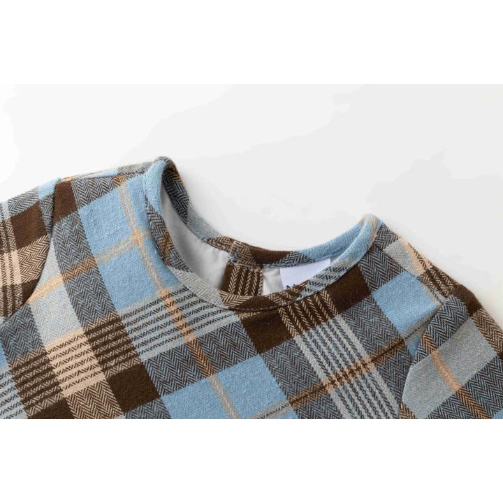 plaid Blue and brown checkered party dress with bow for wholesale on Faire