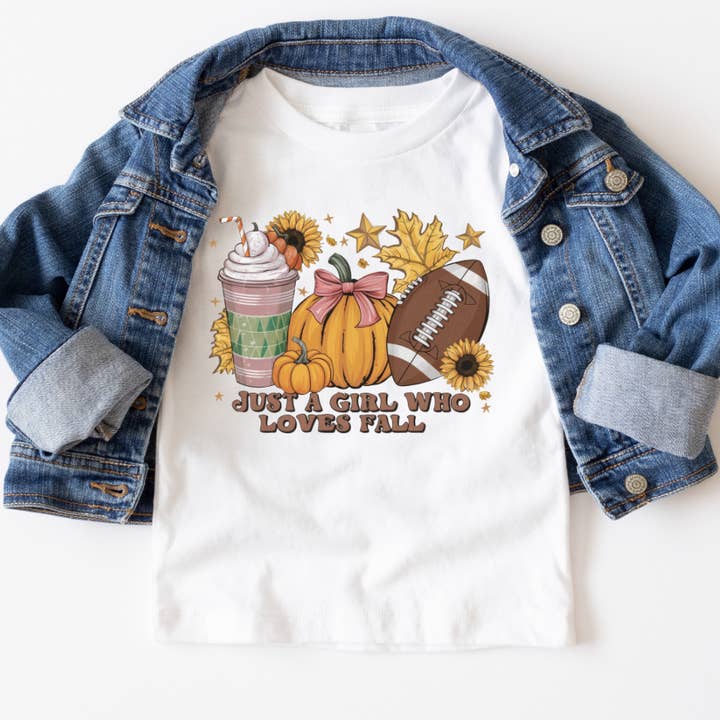 Just A Girl Who Loves Fall Youth Graphic Tee for wholesale by Mama and Littles Apparel