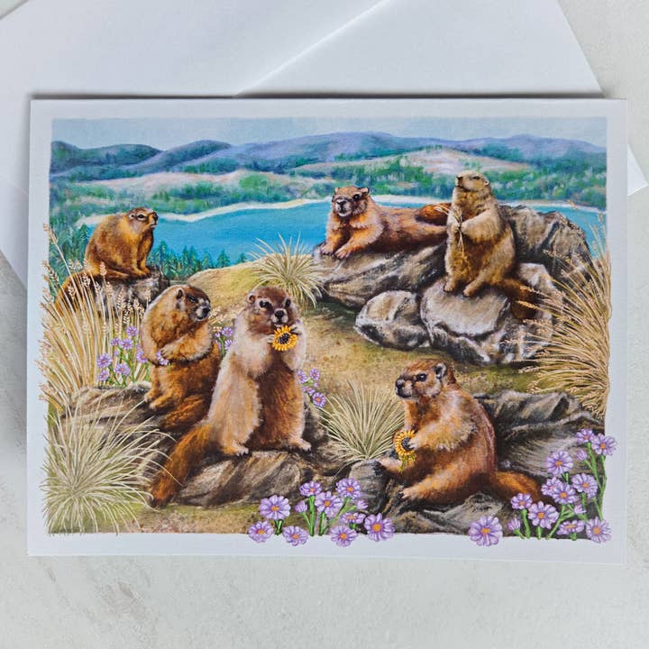 Marmots with Sunflowers Greeting Card for wholesale by Scribblebard Illustrations