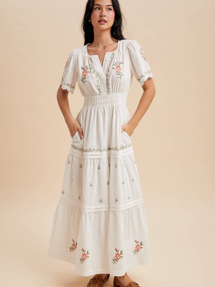SWISS DOT FLORAL EMBROIDERED MAXI DRESS for wholesale by In Loom