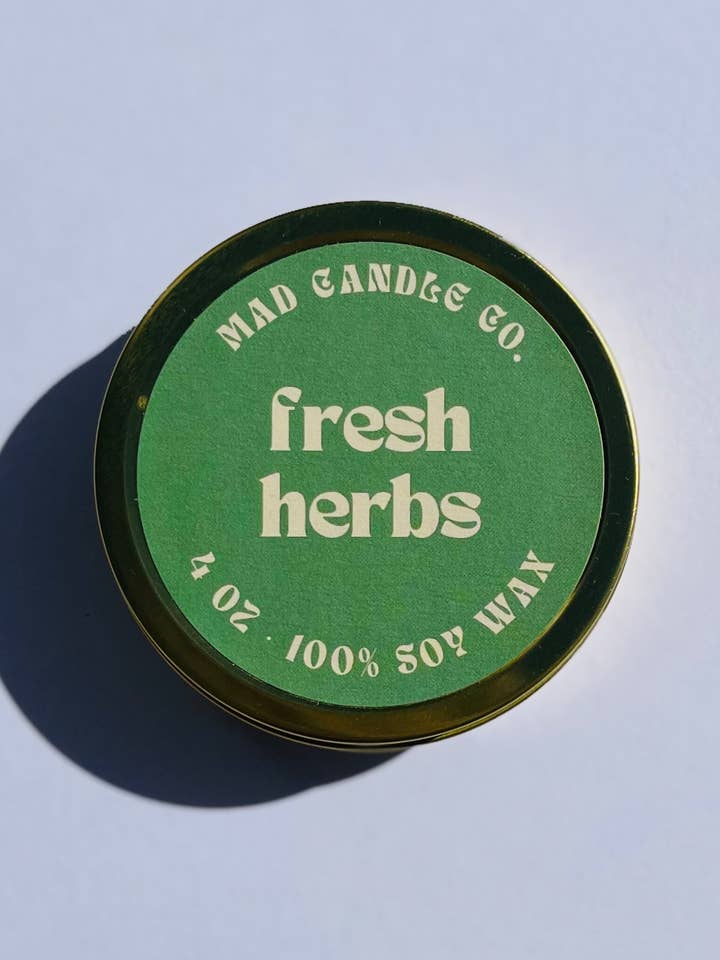 Fresh Herbs Soy Candle - 4 oz Gold Tin & Wood Wick for wholesale by Mad Candle Co.