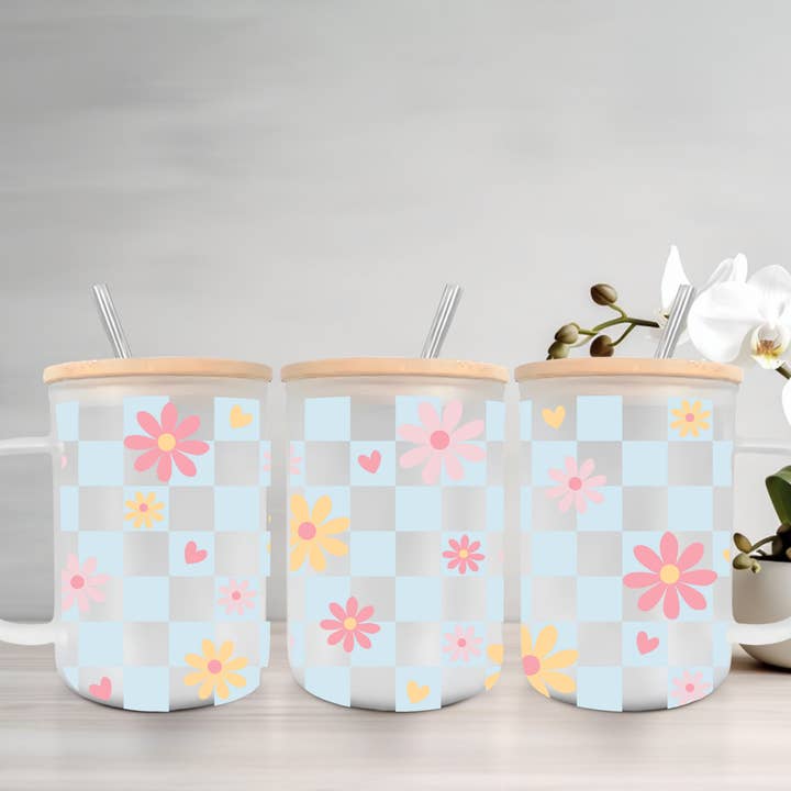 Checkered Flowers | UVDTF | 15oz Mug with Handle, Bamboo Lid & Straw for wholesale by SKS Design Studio