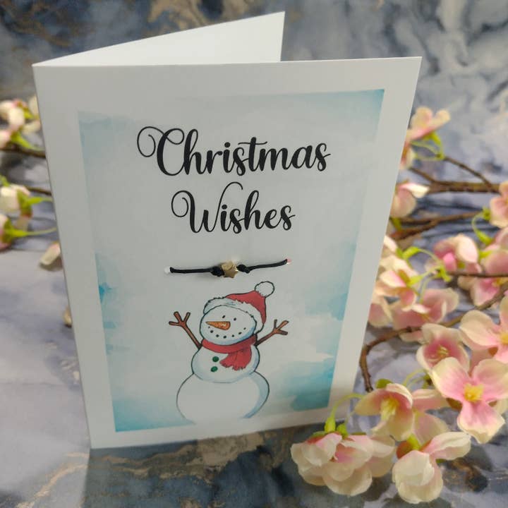 Snowman Christmas Wishes Greeting Card with Wish Bracelet for wholesale by Rose Blossom Gifts