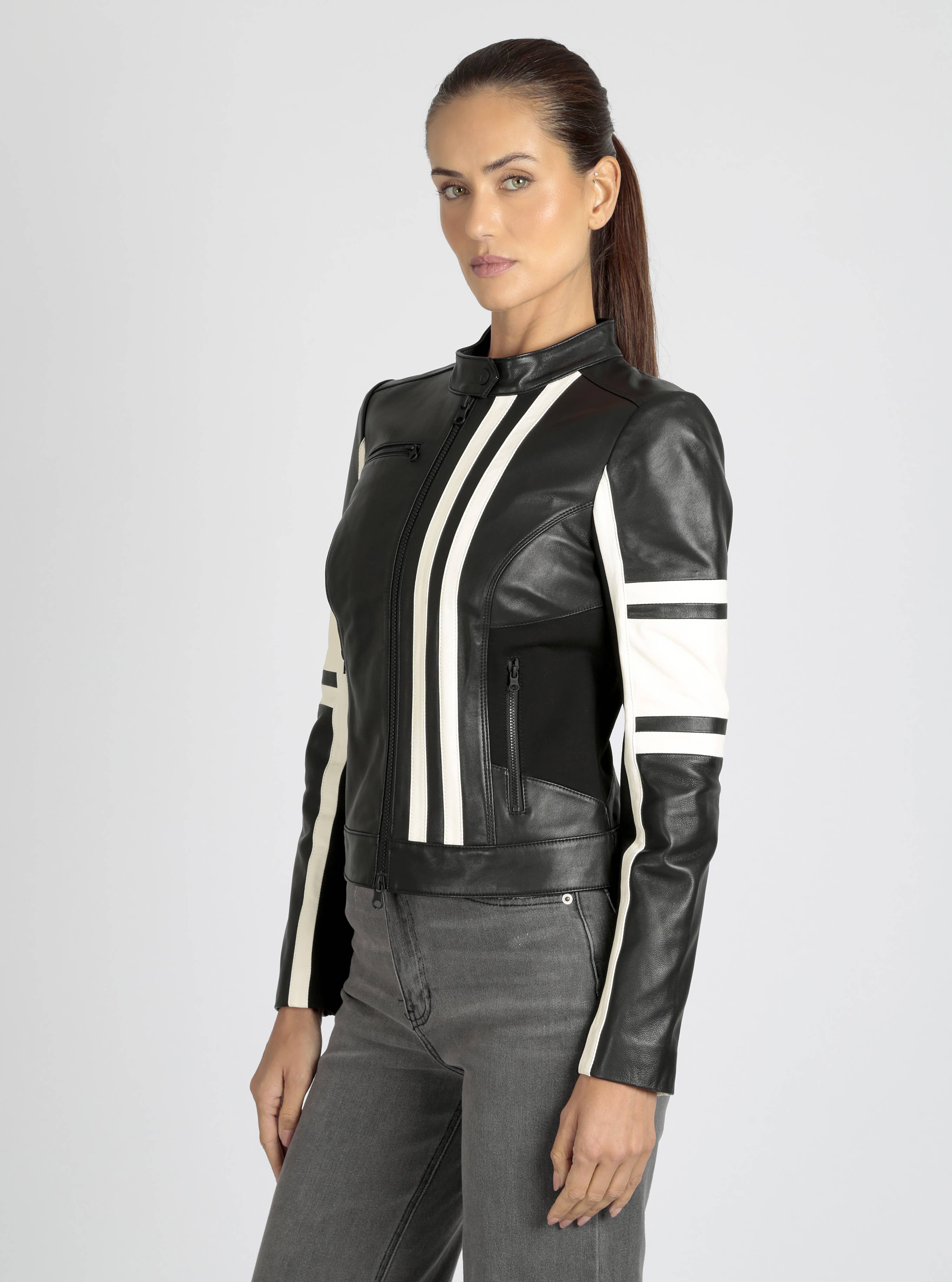 Blanc Noir - Wholesale Leather Jacket - Women's - Claudine Leather Racer Jacket JLS11