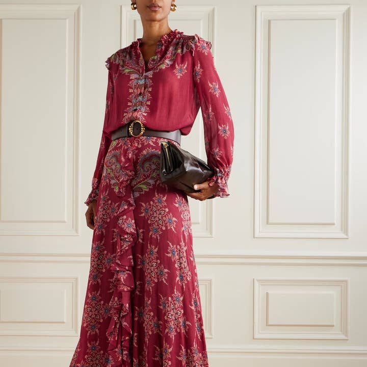 Retro Floral Chiffon Long Sleeve Shirt And Ruffled Skirt Set for wholesale by Halcyon Outfitters®