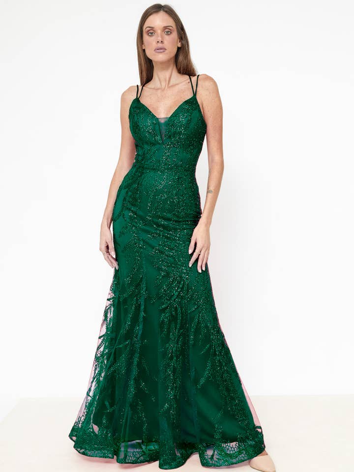Emerald green rhinestone long mermaid dress for wholesale by Les Voiliers