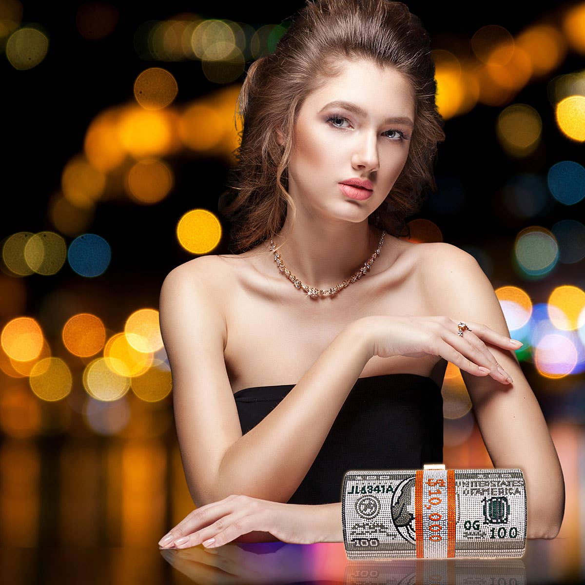 Black Bling Rolled Benjamins Clutch for wholesale on Faire1