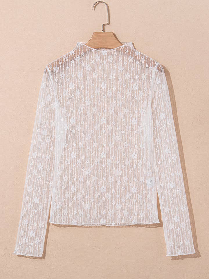 White Sheer Floral Lace Long Sleeve Slim Fit Top for wholesale on Faire