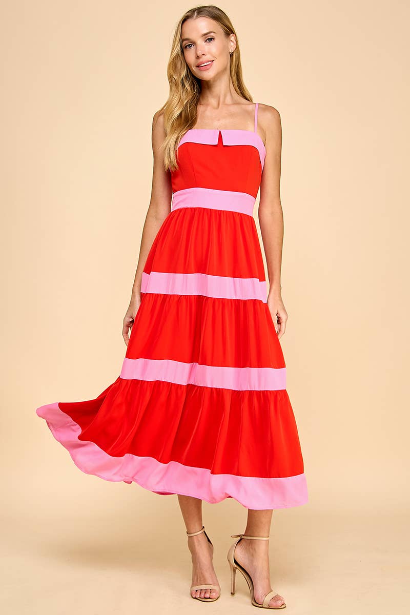 TCEC - Wholesale Dress - Women's - CD05197-Tiered Midi Dress with Alternating Contrast Stripes2