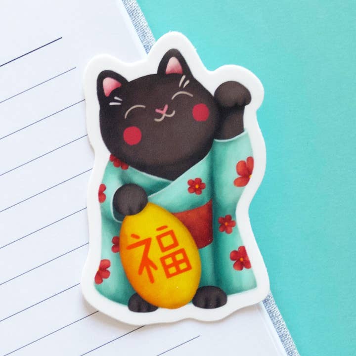 Black Lucky Cat Vinyl Sticker for wholesale by Hop & Flop