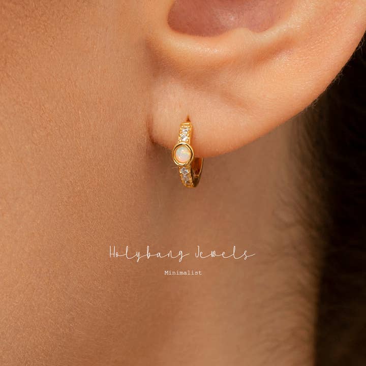 TINY OPAL HUGGIE EARRINGS - E-H1170 for wholesale by HolyBang Jewels