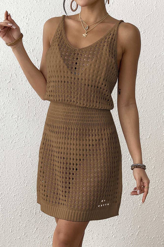 UNISHE - Wholesale Dress - Women's - Knit Waist-Tie Sleeveless Sexy Hollow-Out Beach Dress OYM15618