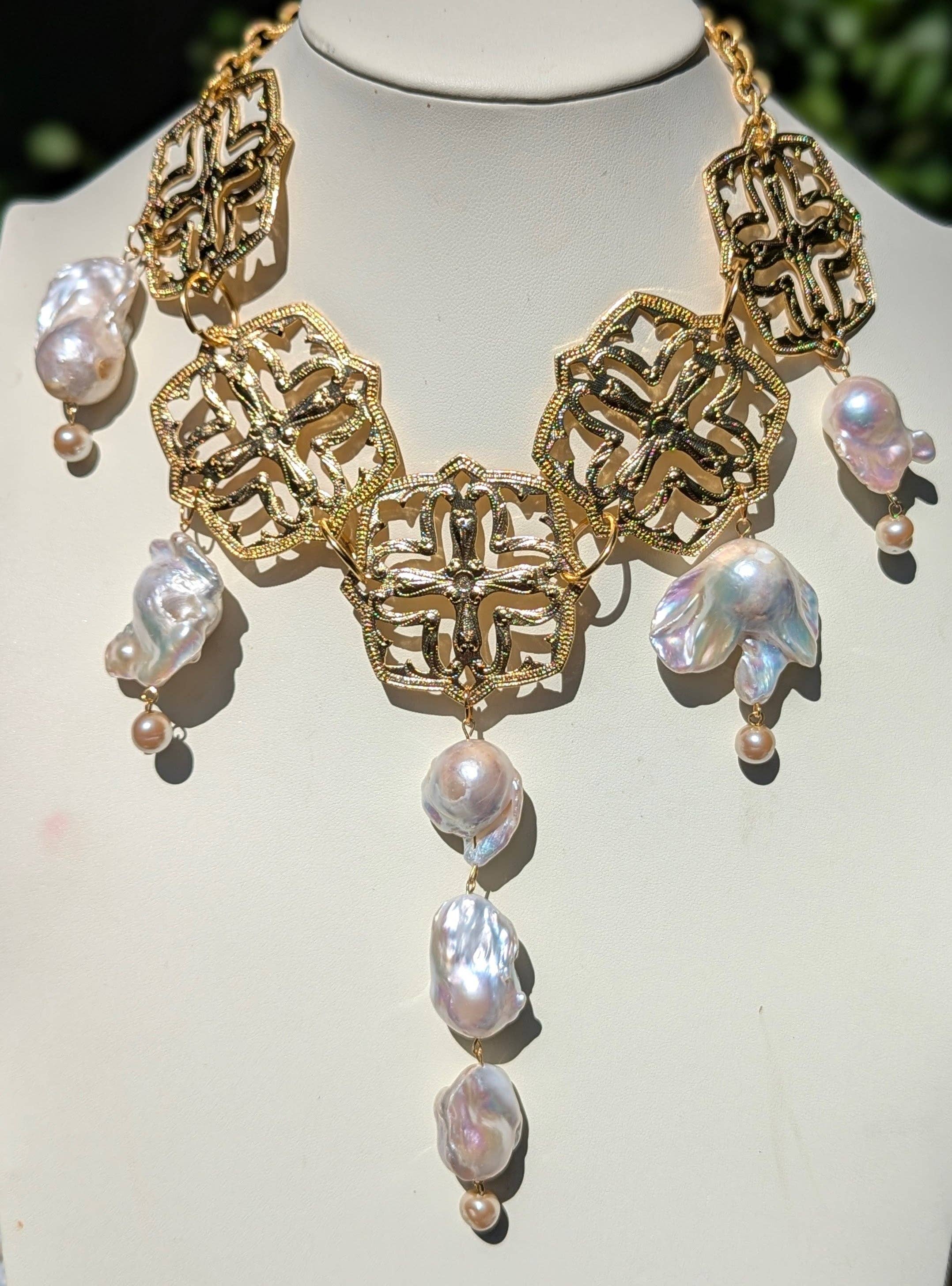 Gay Isber Designs - Wholesale Bib Necklace - One-of-a-Kind Asian-Themed 24K Gold-Plated Necklace with Giant Baroque Pearls - Designed by Award-Winning Artist Sugar Gay Isber2