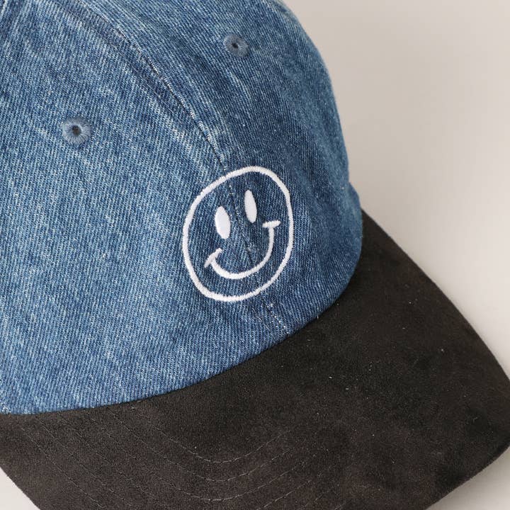 Fashion City - Wholesale Baseball Cap - Women's - Happy Face Embroidered Black Visor Denim Cap1