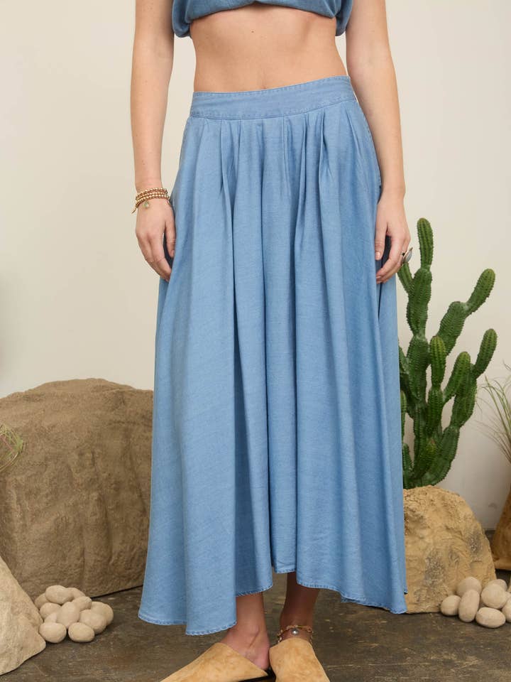 CHAMBRAY PLEATED MIDI SKIRT for wholesale by Blu Pepper