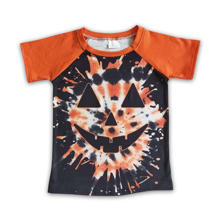 Yawoo Garments - Wholesale T-Shirt - Kids - Tie dye pumpkin raglan kids boy Halloween shirt0