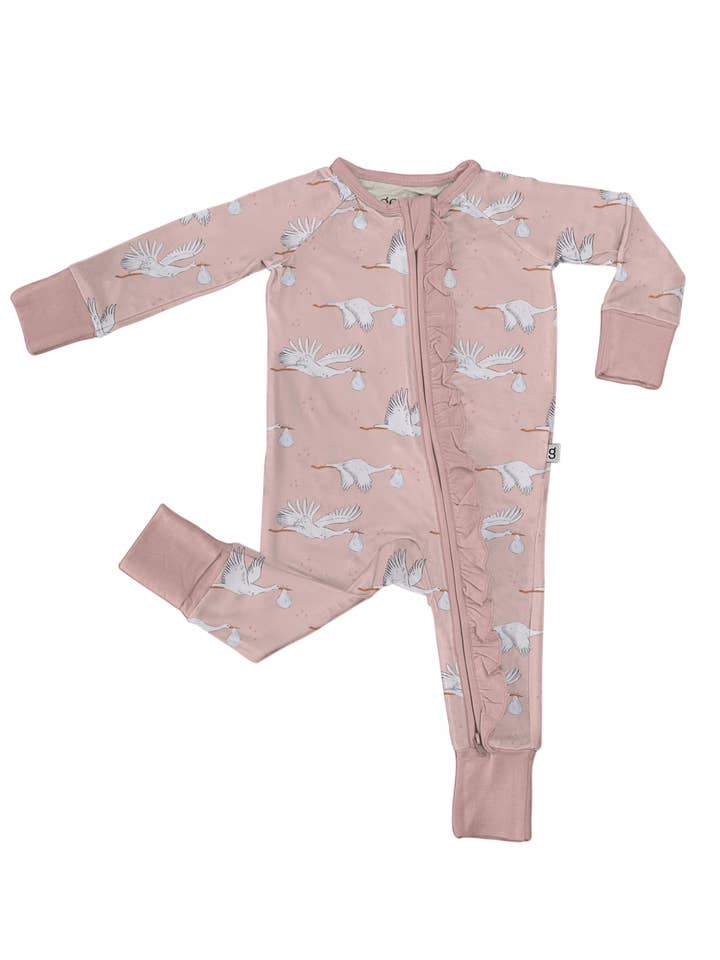 Pijama de bambú con cremallera y cigüeñas rosas para bebé niña para venta al por mayor de Goosies