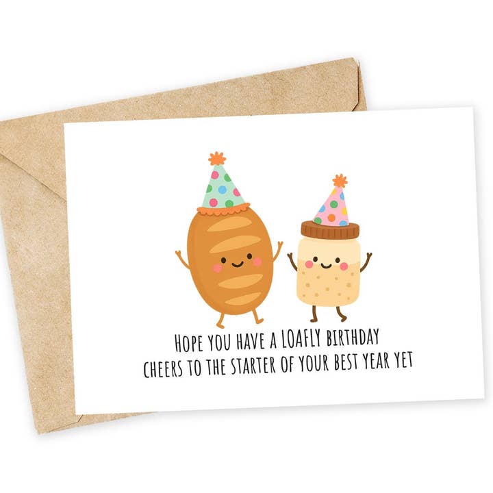 cartão de aniversário engraçado de massa-mãe e fermento natural por atacado de Chewy Lemon Studio