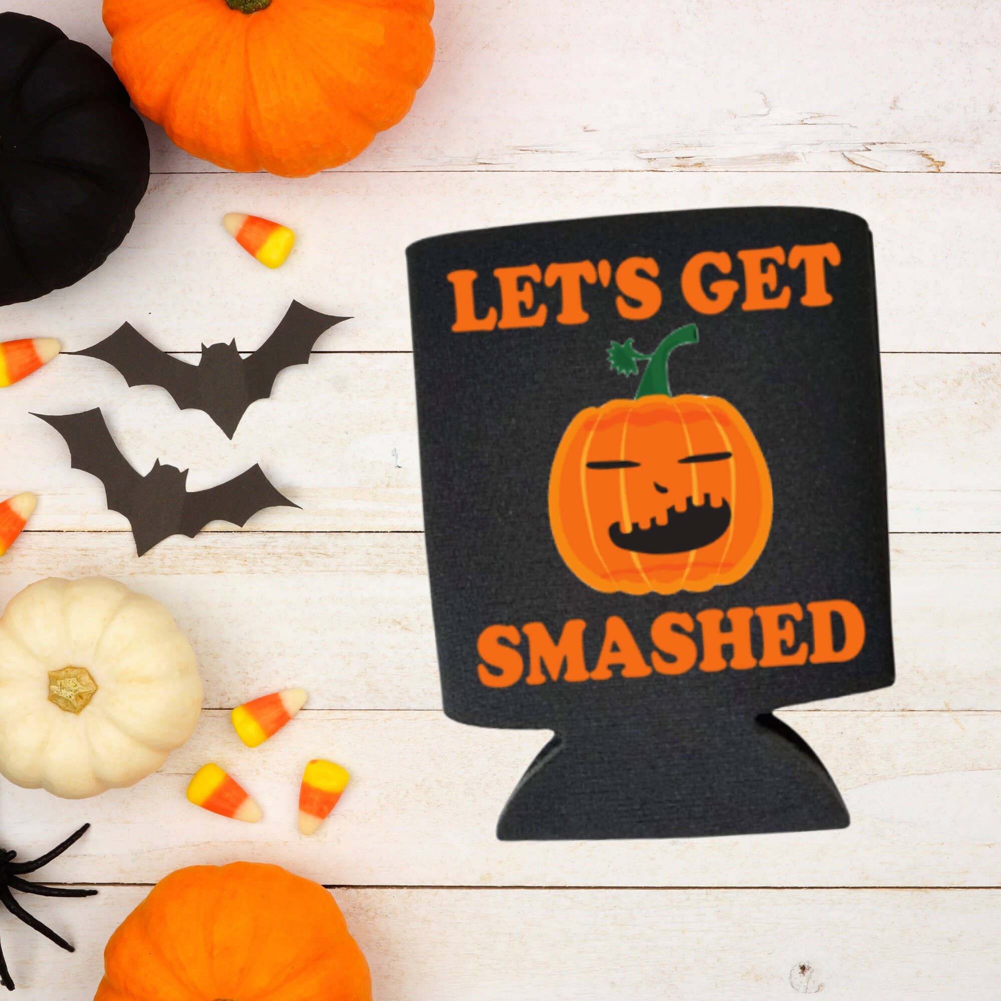 Black Let's Get Smashed Halloween Party Can Cooler Pumpkin Coolies for wholesale on Faire2