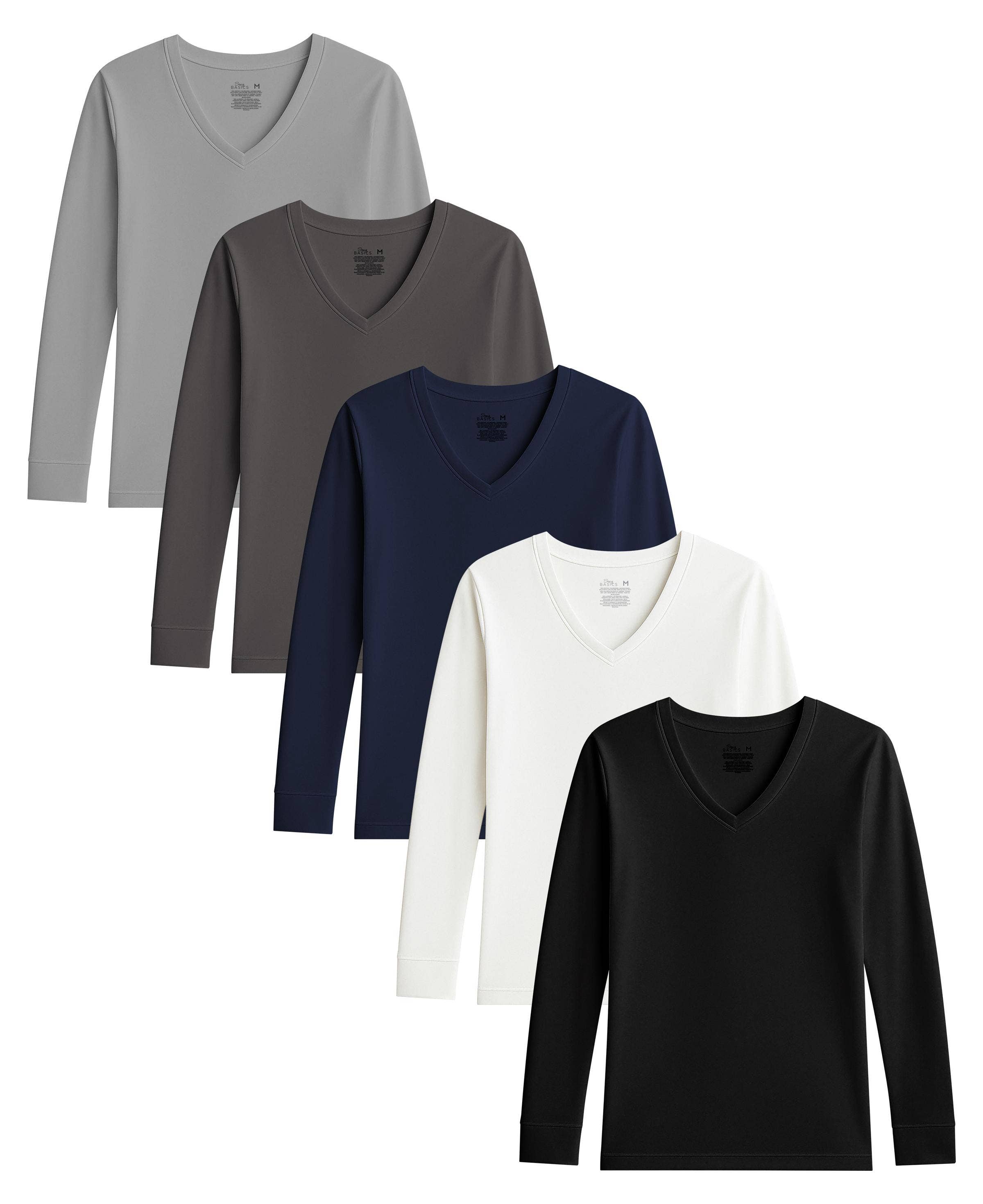 I-Wear Brands - Wholesale T-shirt (Zonder tekening) - Dames - Set van 5 katoenen onderhemden met V-hals en lange mouwen voor dames1