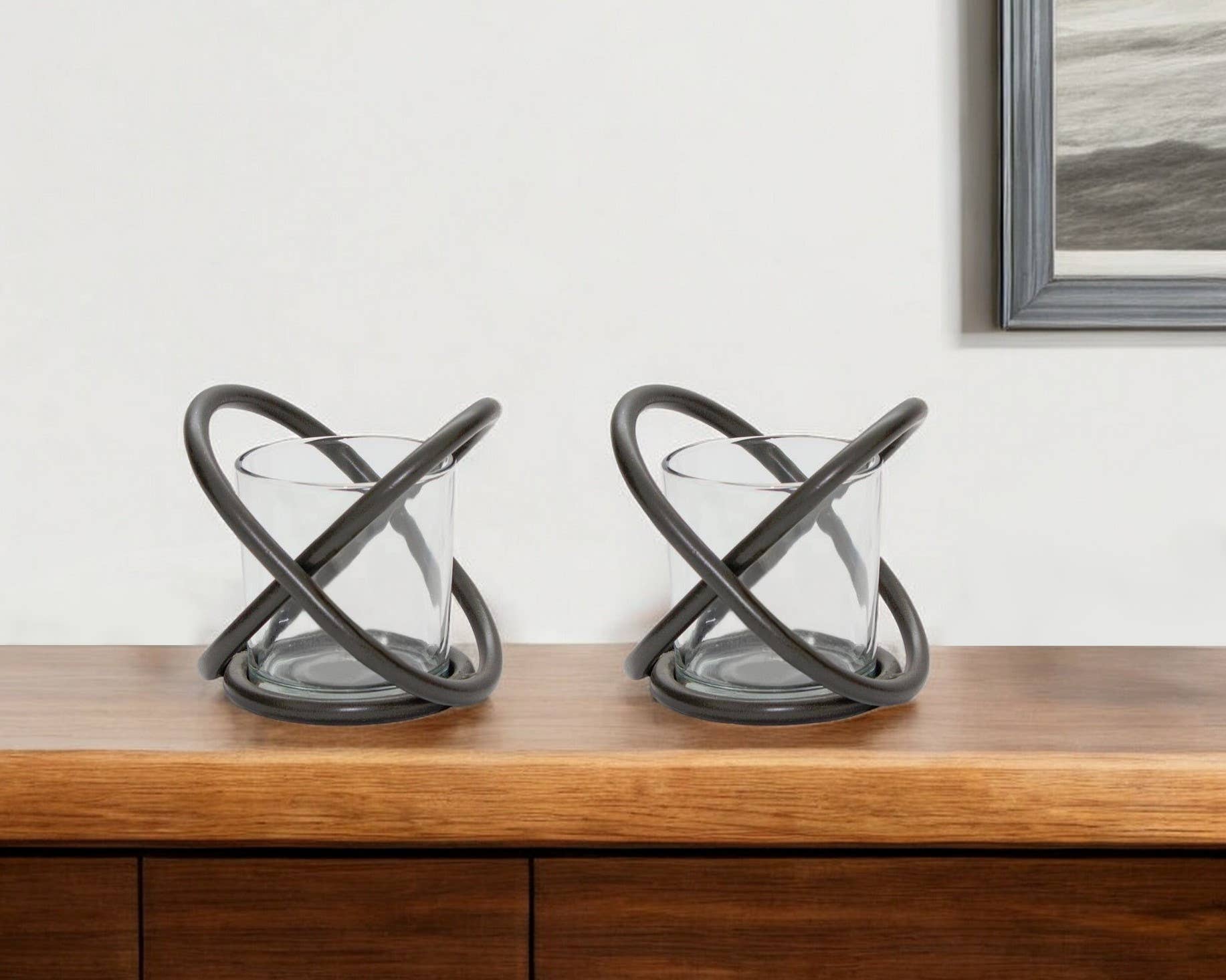 HomeRoots - Wholesale Candle holder - Set of Two Clear and Black Glass and Metal Candle Holders