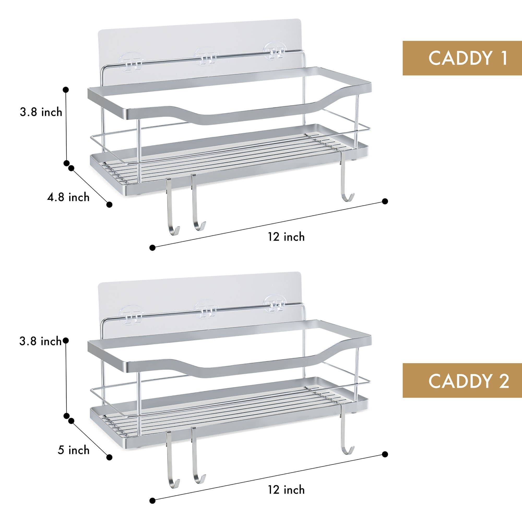 Bottiful Home - Wholesale Bath Caddy - 304 SS Shower Caddy Baskets w 3 Adhesive Strips & 6 Hooks2