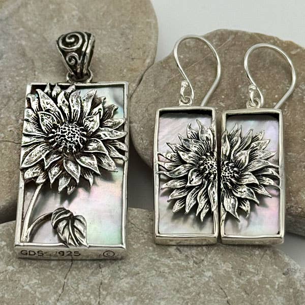 Sterling Silver Sun Flower Pendant & Earrings, Shell Inlayed for wholesale by Goddess Design Studio