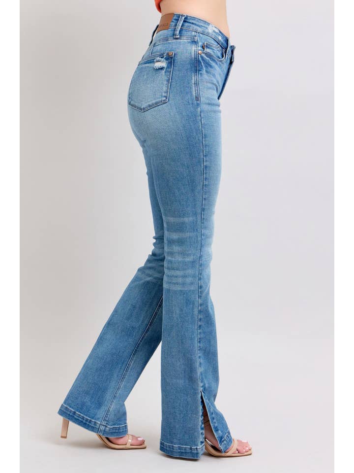 Watermelon Apparel - Wholesale Jeans - Women's - Judy Blue High High Waist Tummy Control Vintage Wash Side Slit Bootcut, Inseam 32"